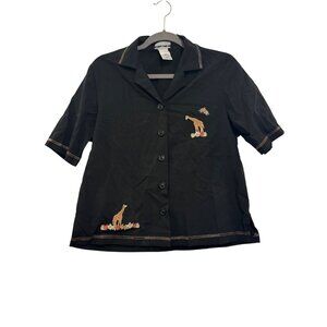 Vintage Bon Worth Button Front Womens Top XSP Black Giraffe Embroidery Polyester